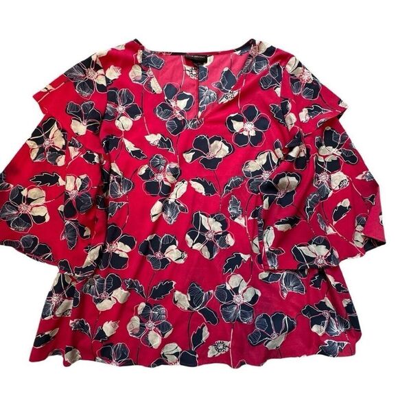Lane Bryant Floral Flounce Blouse Women’s 26/28 V-neck Red Navy - Picture 1 of 12